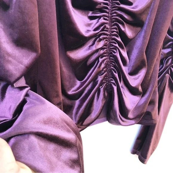 EXPRESS | LARGE DARK PURPLE VELVET RUCHED LONG SLEEVED BLOUSE TOP - Picture 5 of 6